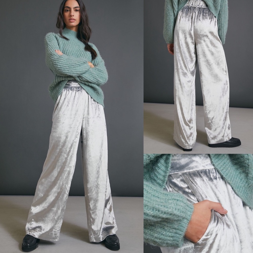 Anthropologie Anastasia Silver Velvet Wide Leg Pant XS & M